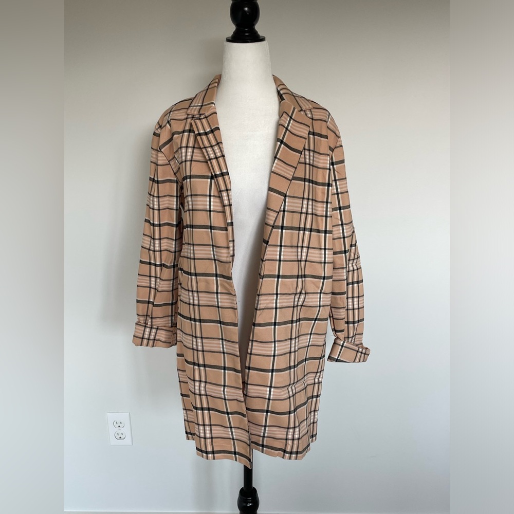 Stella Tweed Plaid Black/White /Tan Open Cardigan Jacket - Size Small - NWT